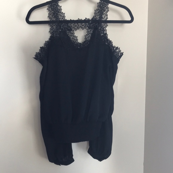 Sold Bebe black lace trim cold shoulder blouse - Picture 4 of 4